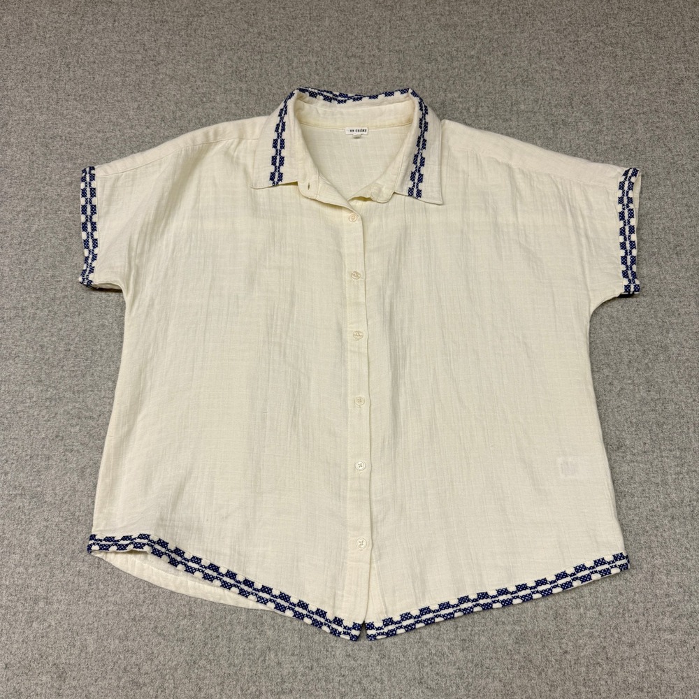 En Creme Button Down Shirt Size Medium Cream Blue Boho Embroidered Cotton Gauze
